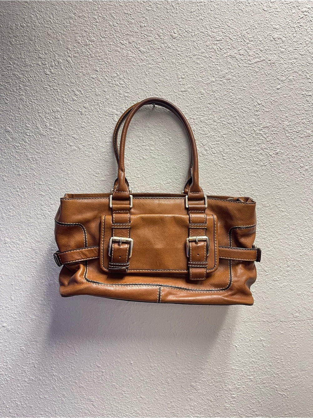Michael Kors Cognac Leather Shoulder Bag with Buckle Accents